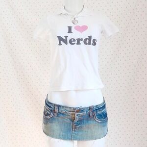 white i heart nerds graphic polo shirt fitted y2k baby tee